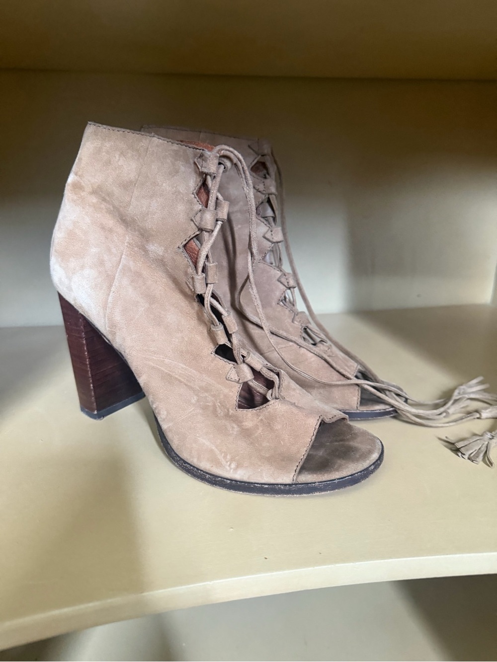 FRYE Suede Lace-Up Peep Toe Ankle Boot in Taupe